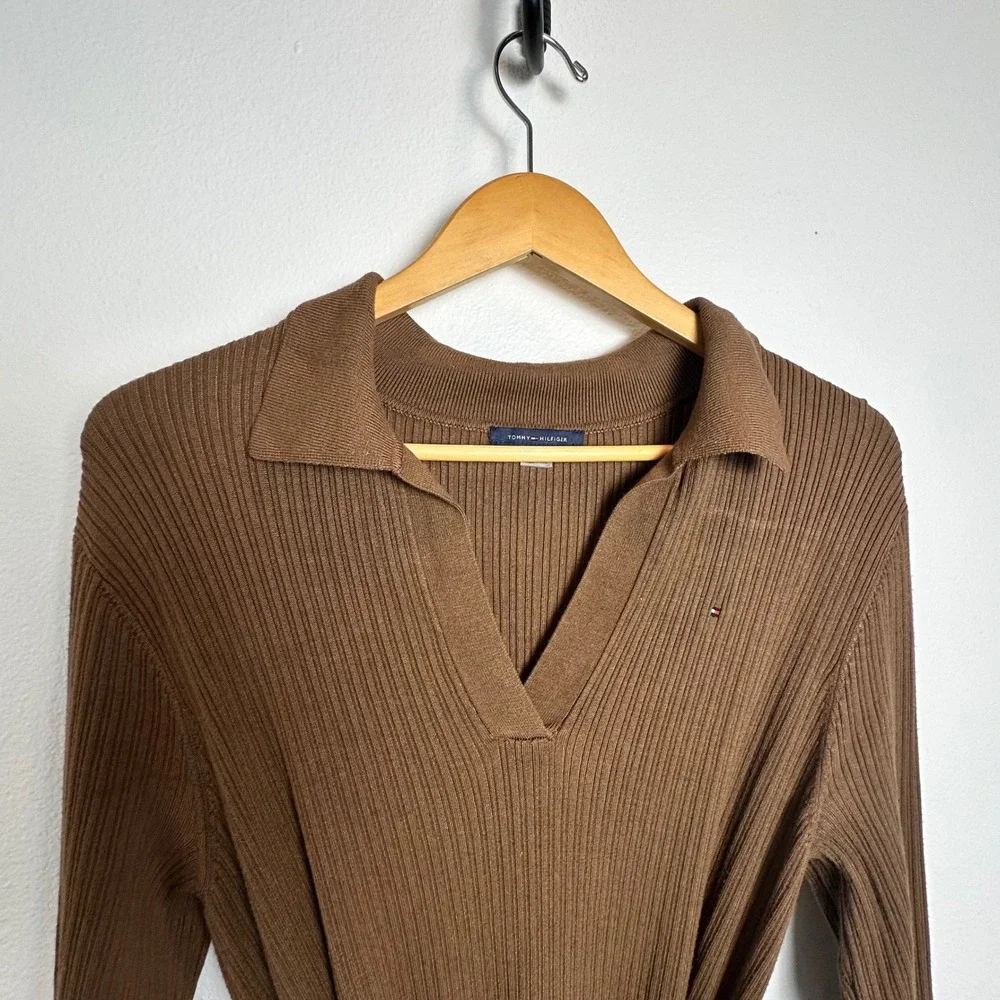 Tommy Hilfiger Brown Rib Knit Polo Midi Dress Long Sleeve Belted‎ Large Preppy